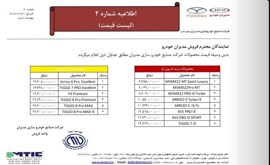 لیست قیمت مدیران خودرو