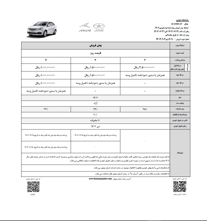 شرایط پیش فروش جک J4