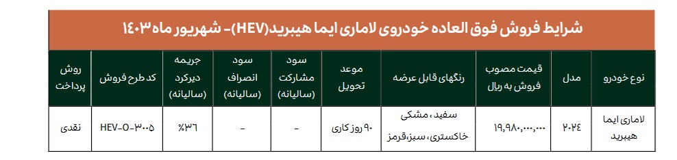 شرایط فروش لاماری ایما HEV شهریور 1403