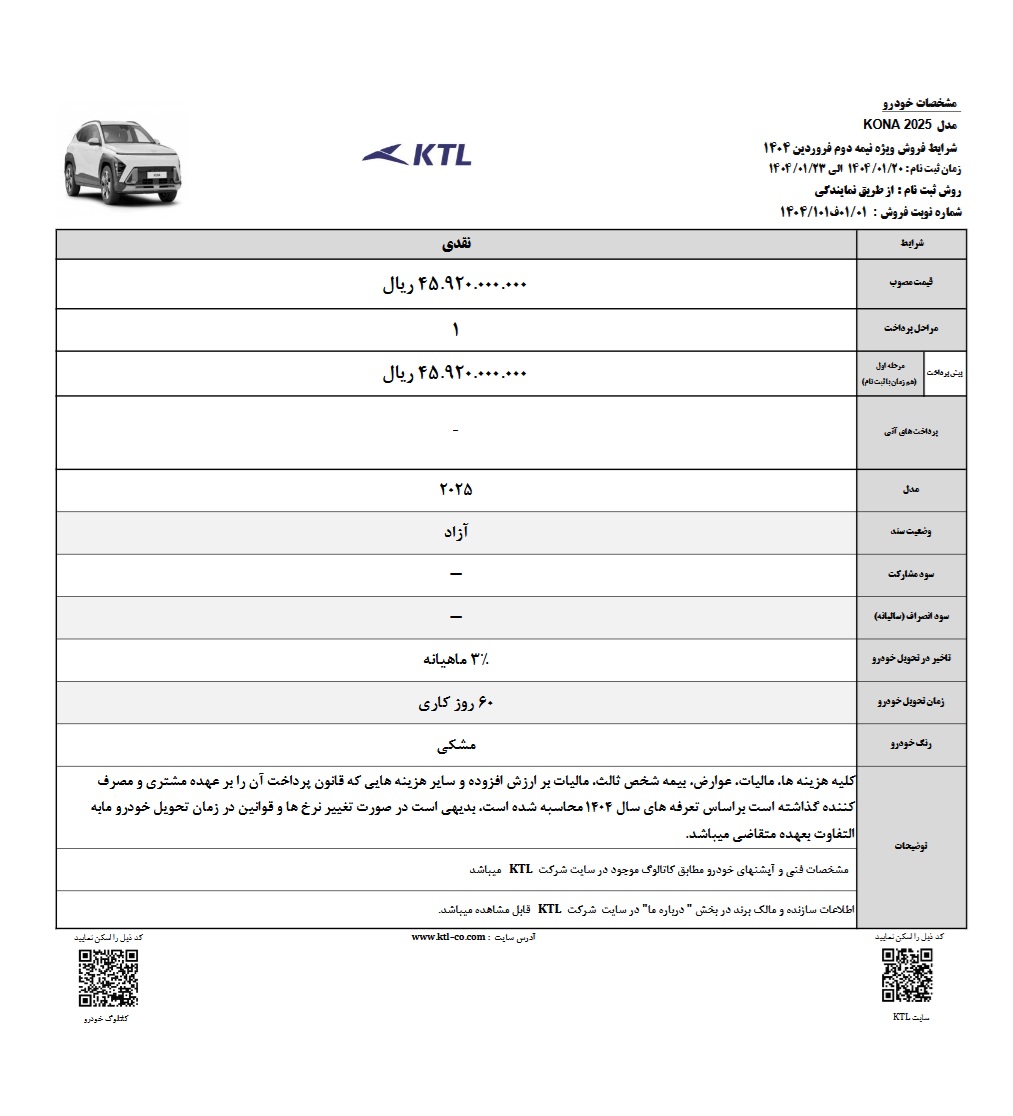 شرایط فروش هیوندای کونا