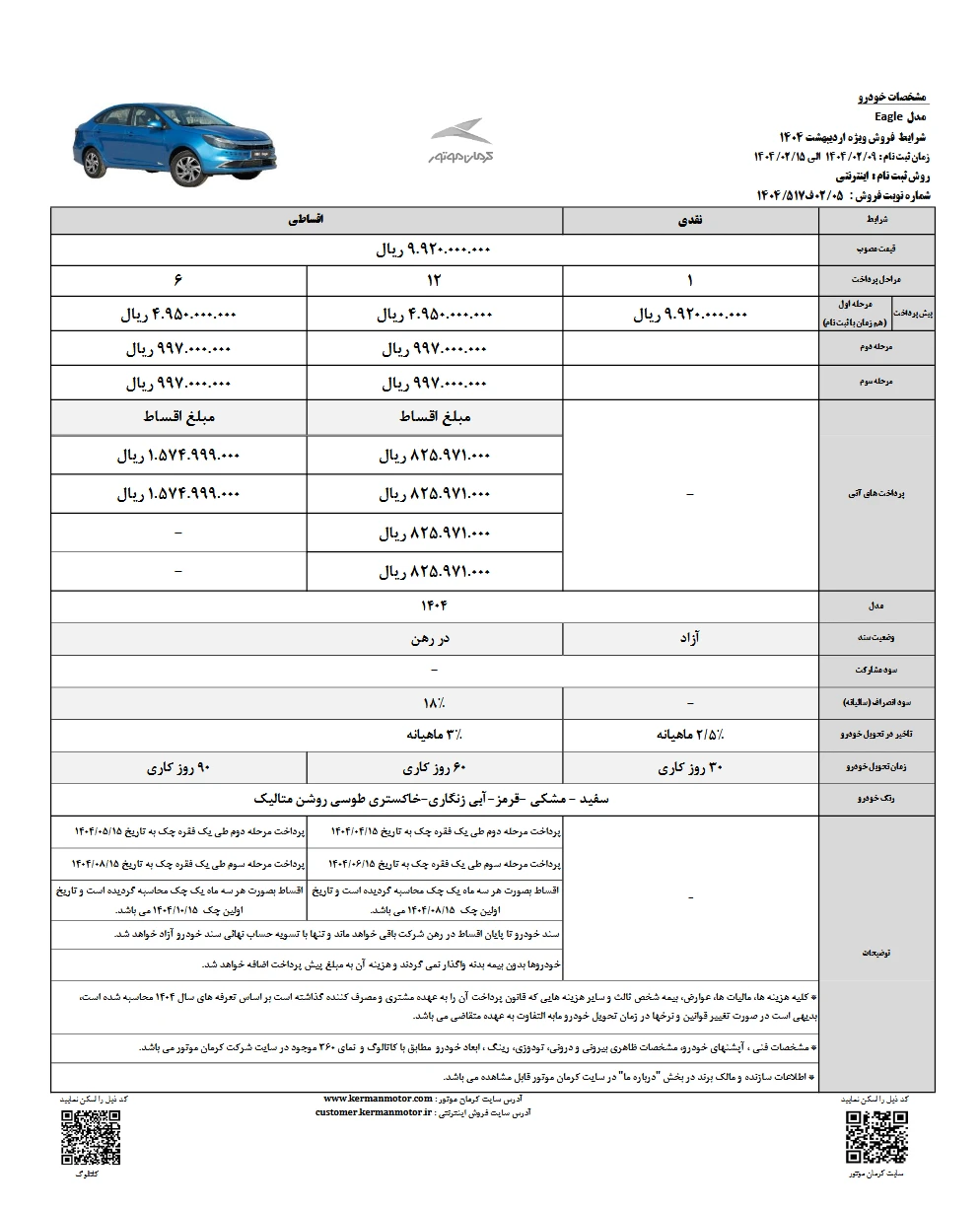 شرایط فروش اقساطی کی ام سی ایگل