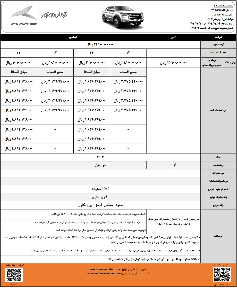 شرایط فروش kmc t8