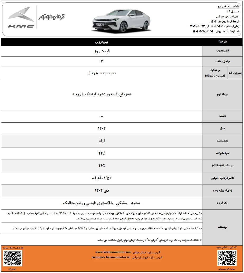 شرایط فروش kmc j7